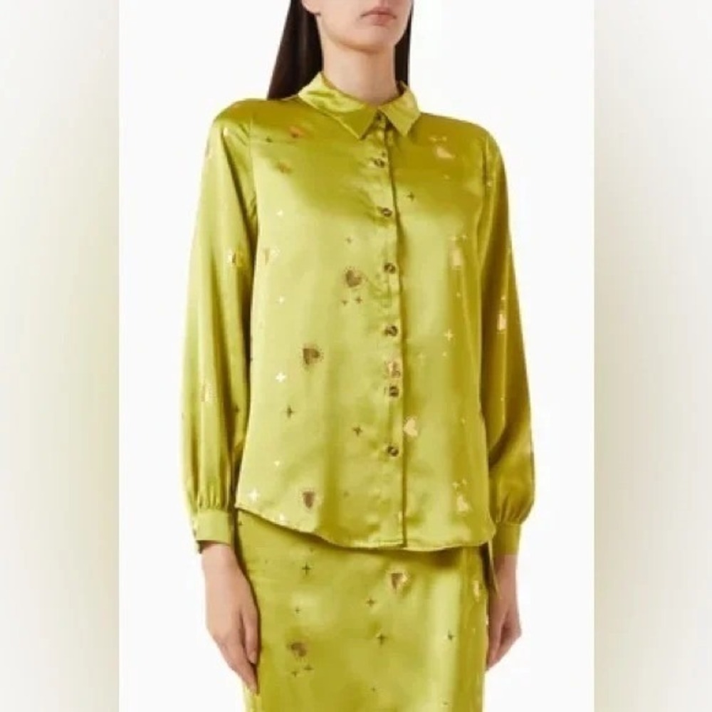 NWT Never Fully Dressed Gabbie Hearts Celestial Gold Foil Satin Button Blouse 12